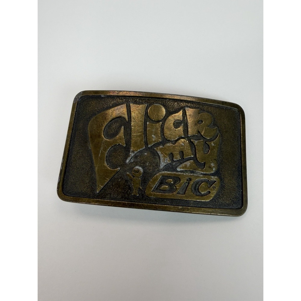 FLICK MY BIC Vintage Solid Brass Belt Buckle Advertising Made in USA 70's